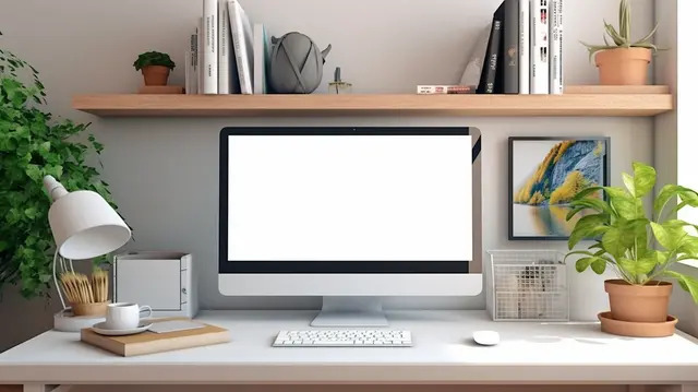 Home pngtree modern office workspace with 3d rendered blank screen desktop computer mockup image 3823527